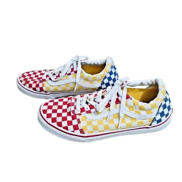 Vans Youth 7 Red Yellow Blue Checkerboard Low Top Skate Shoes Retro Classic - Picture 4 of 8